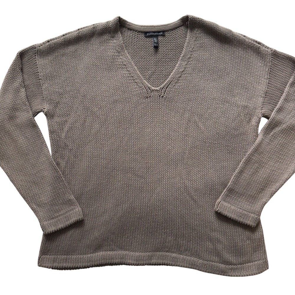 Eileen Fisher Organic Cotton Shaker Knit V-Neck Sweater Taupe XS oversized Boxy